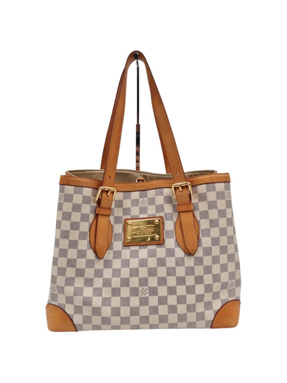 Louis Vuitton Damier Azur Check Canvas Tote with Tan Leather & Gold Hardware - Picture 1 of 14